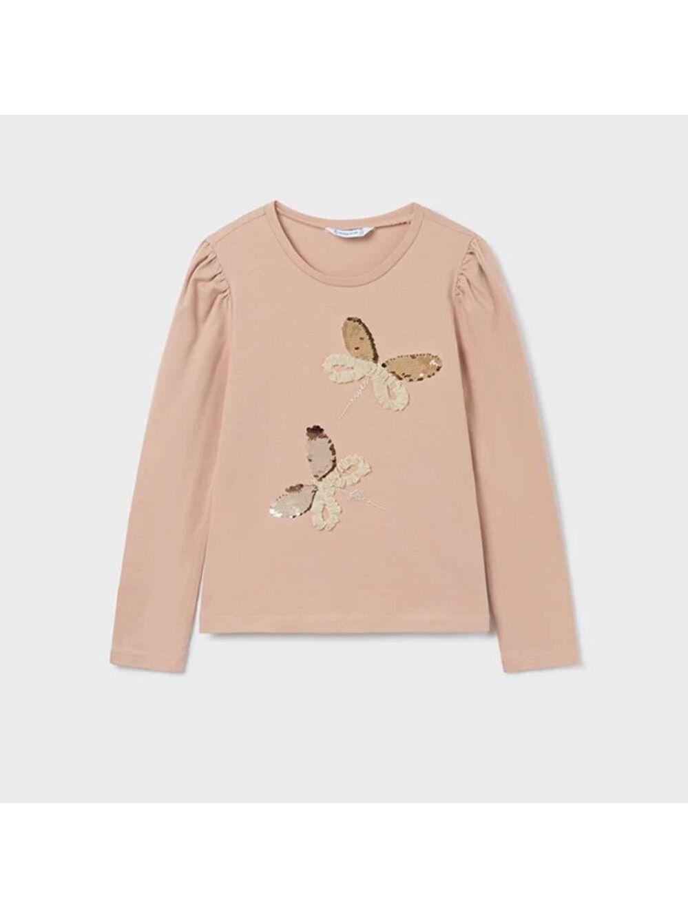 Size 8 Girls Mayoral Tan Long Sleeve Tee with Sequin Butterflies